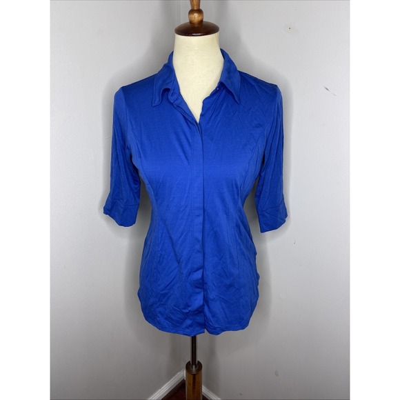 Womens Ibex Royal Blue Short Sleeve Collared Merino Wool Blouse Small S - Picture 1 of 9